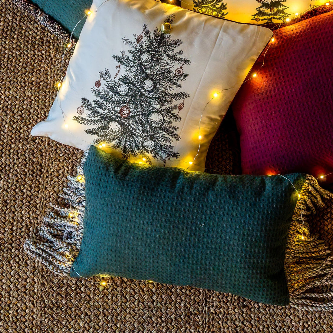 Funda piquet para cojín con flecos Verde