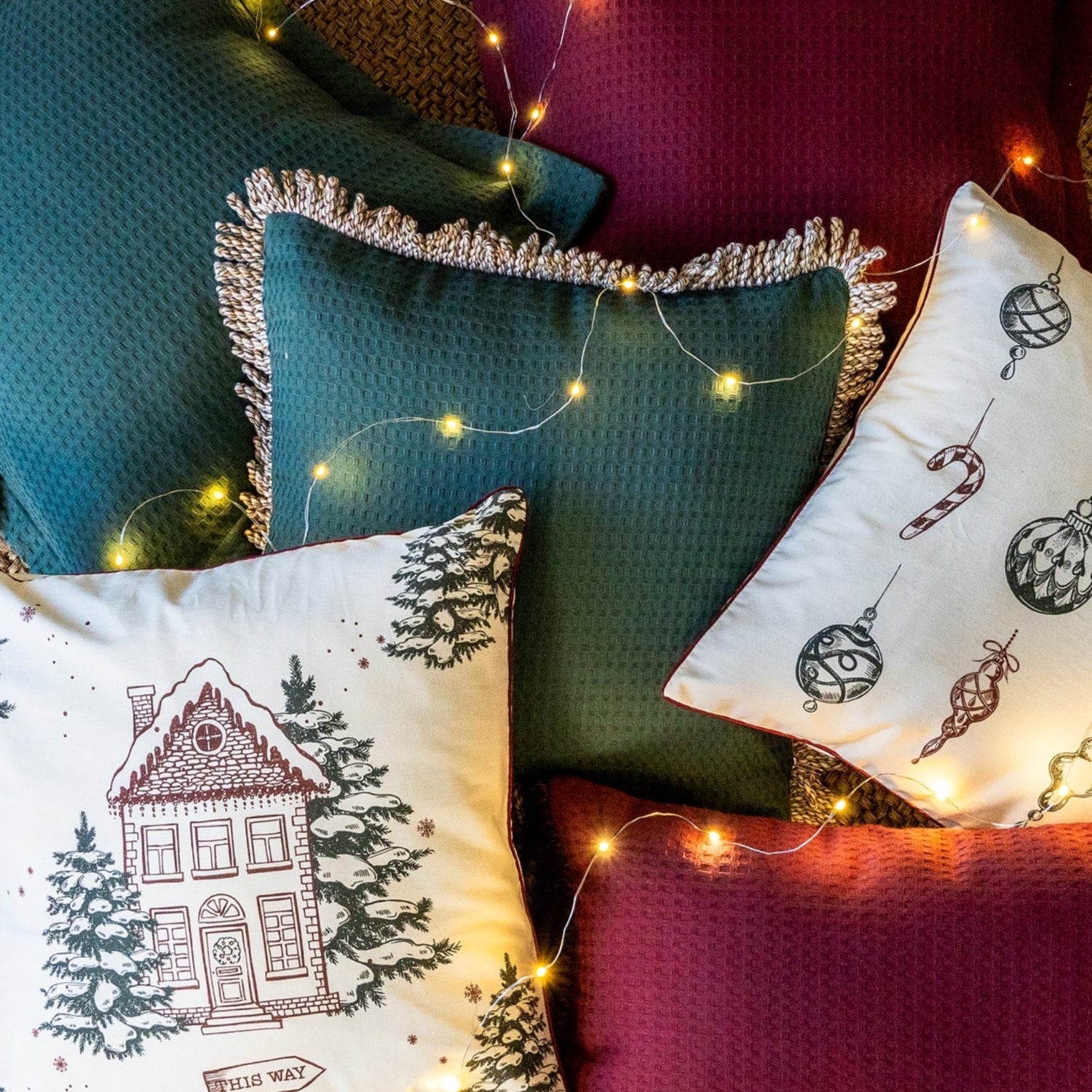 Funda piquet para cojín con flecos Verde