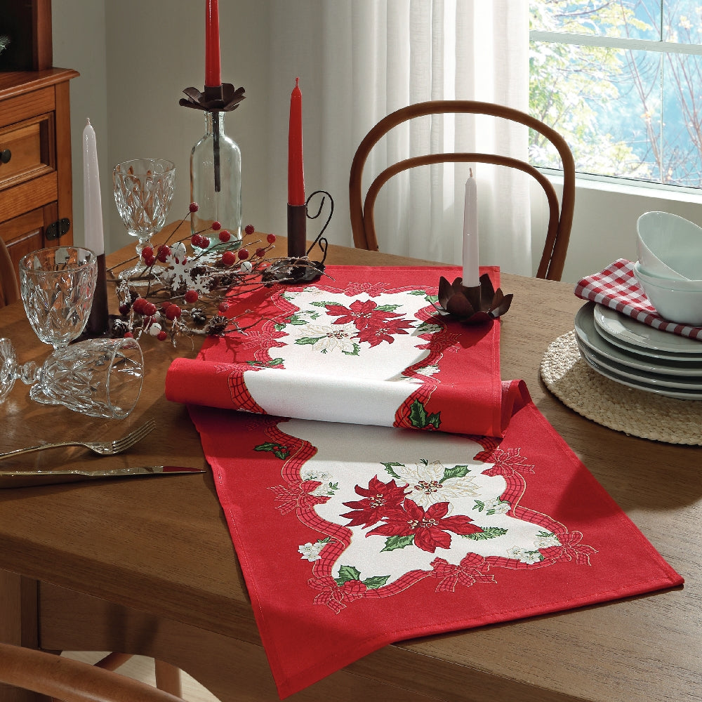 Camino de mesa con motivos navideños en recuadro Rojo