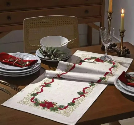 Camino de mesa con motivos navideños en recuadro Blanco