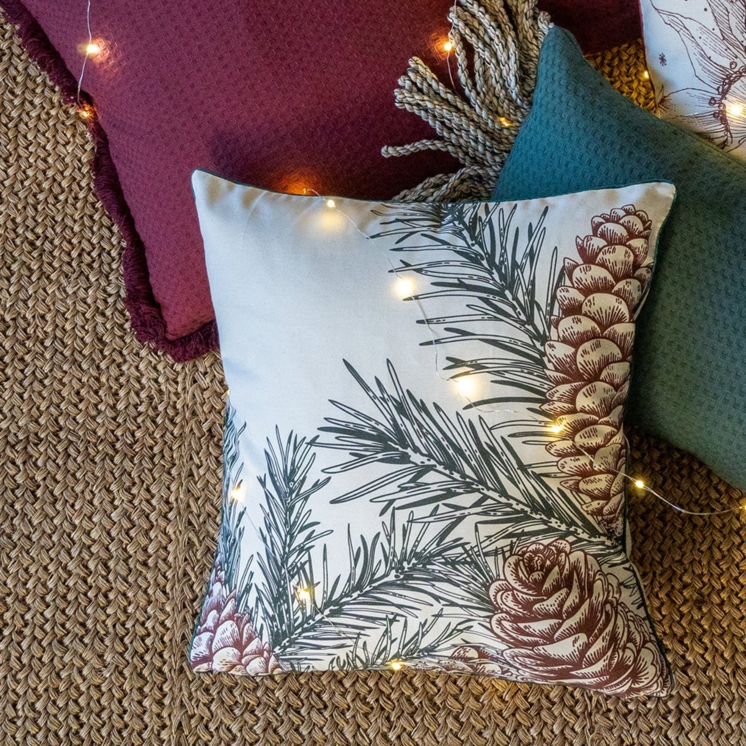 Funda decorativa para cojín navideña Hojas de Pino