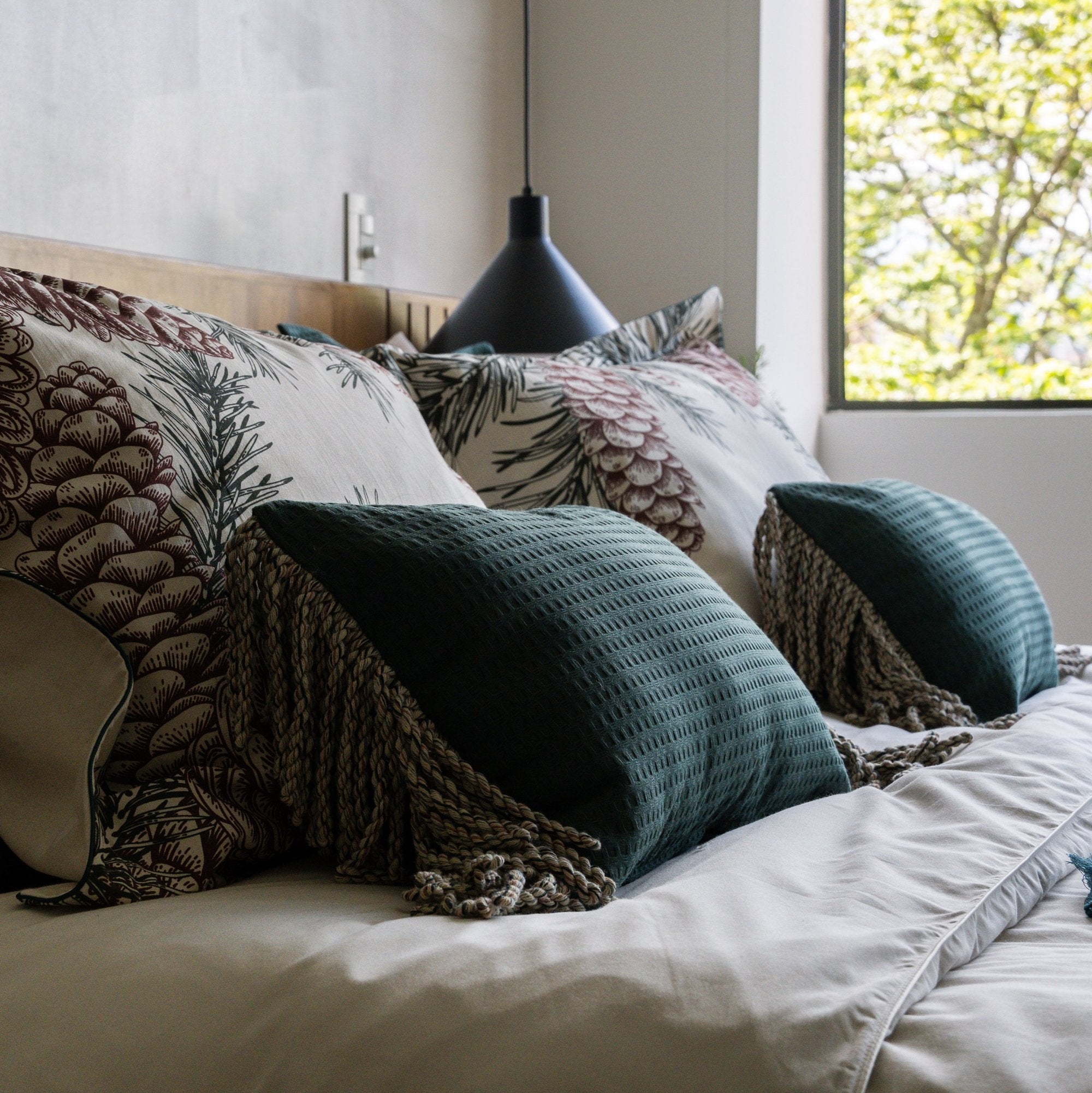 Funda piquet para cojín con flecos Verde