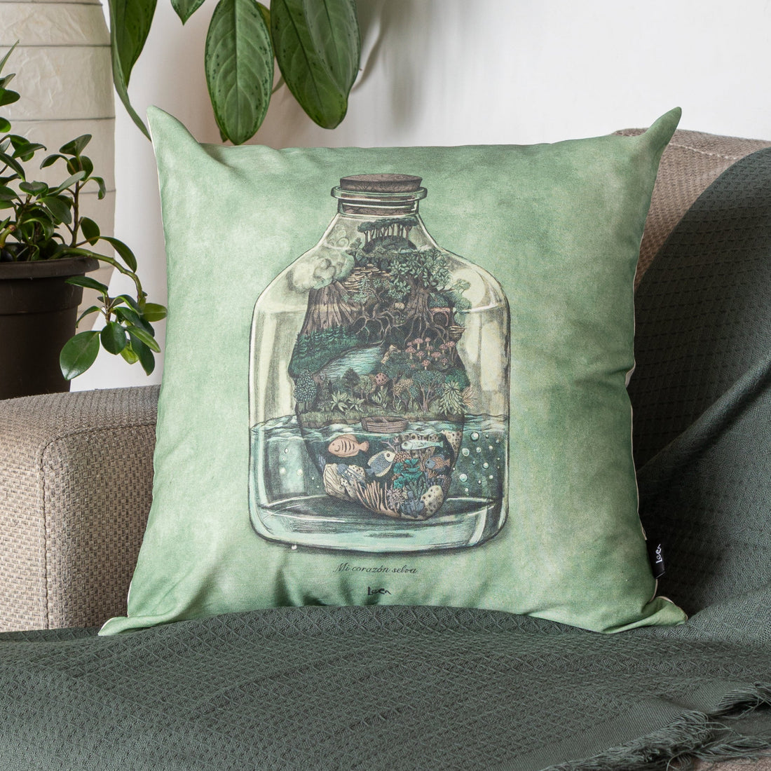 Funda Cojin Cuadrada Ilustrada Corazon Selva By Leen