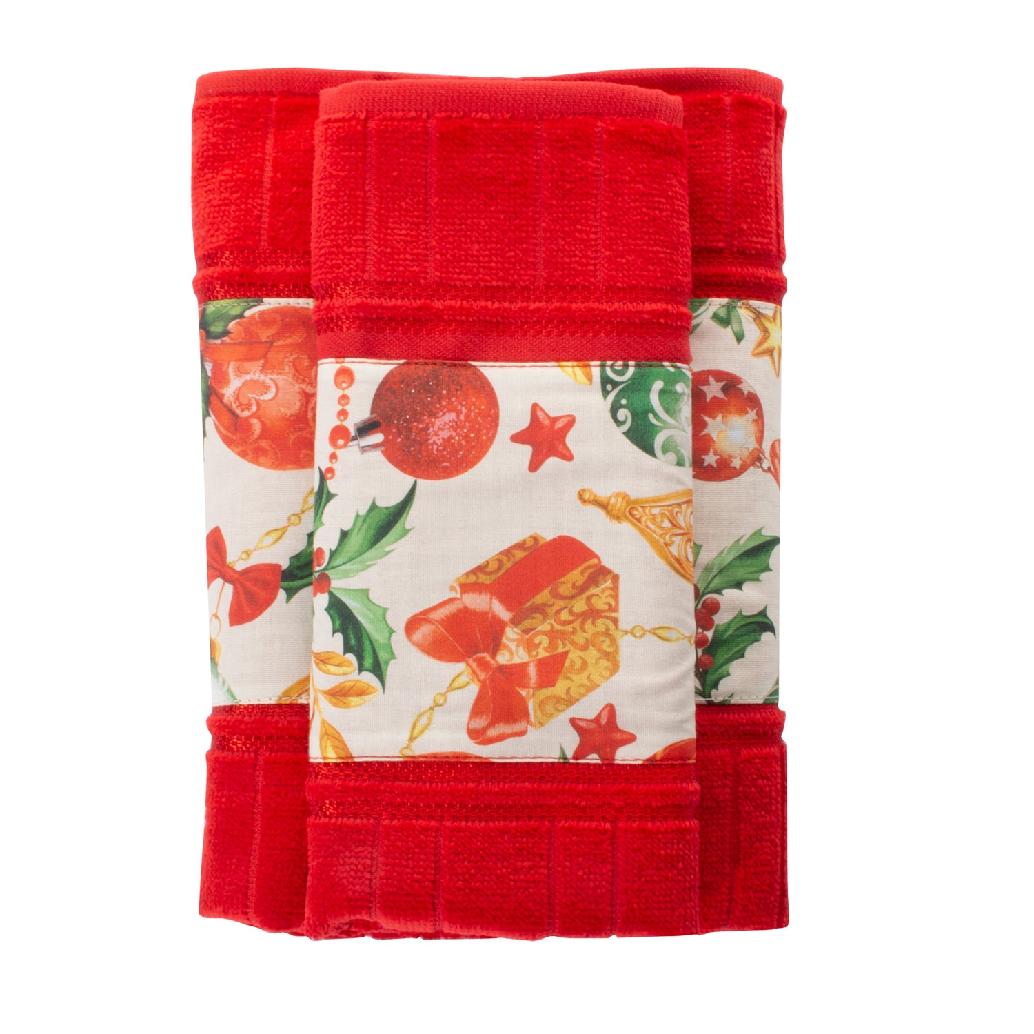 Toalla decorativa Navideña Cenefa Patchwork Regalos Roja