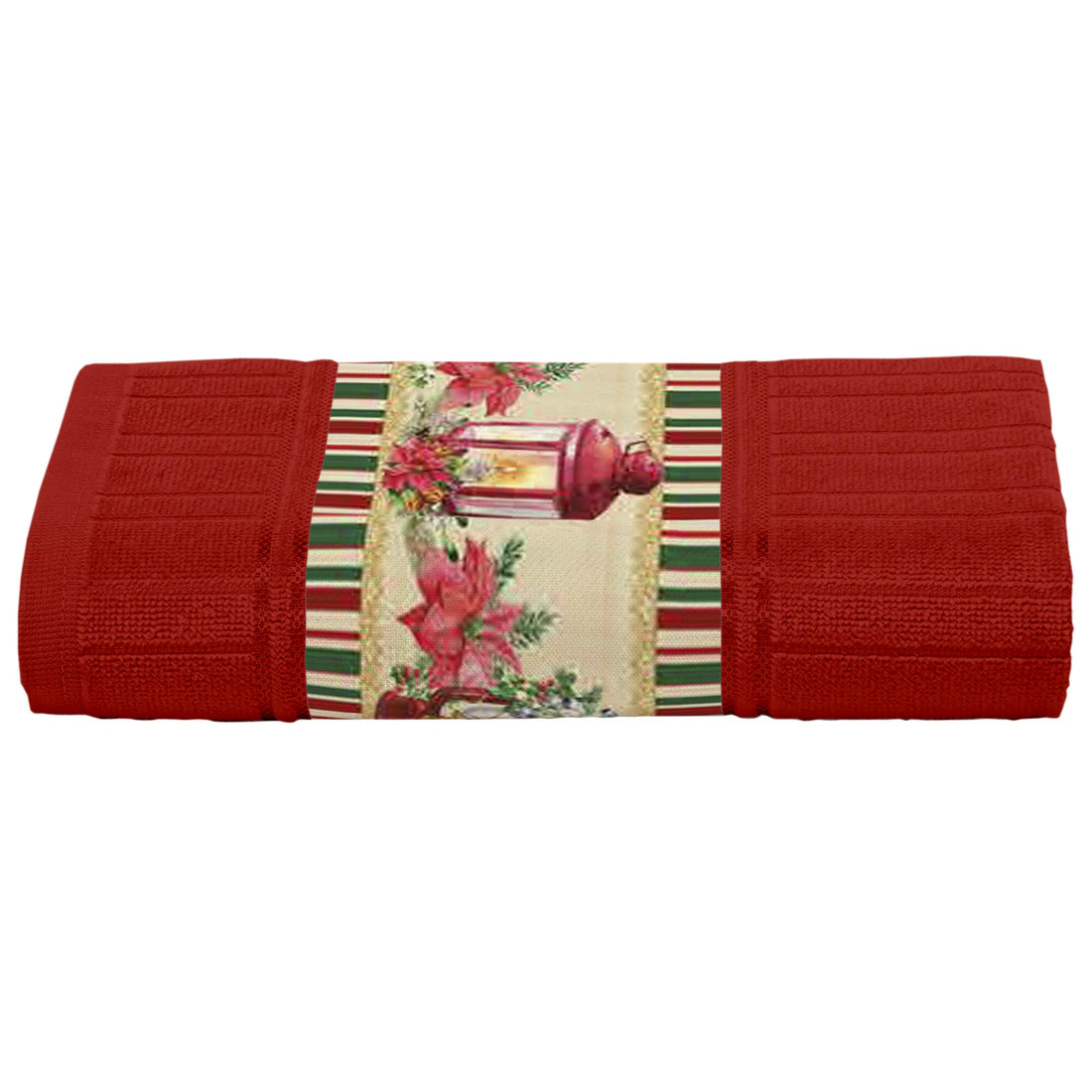 Toalla decorativa navideña con cenefa Patchwork Faroles Roja